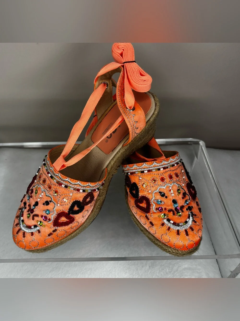 Orange Embellished Wedge Espadrilles